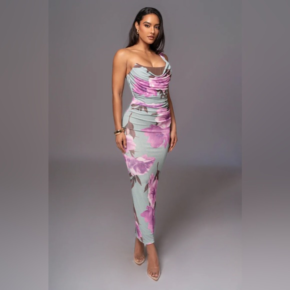JLUXLABEL - SAGE FLORAL GEORGIANA ONE SHOULDER MAXI DRESS - Picture 3 of 5